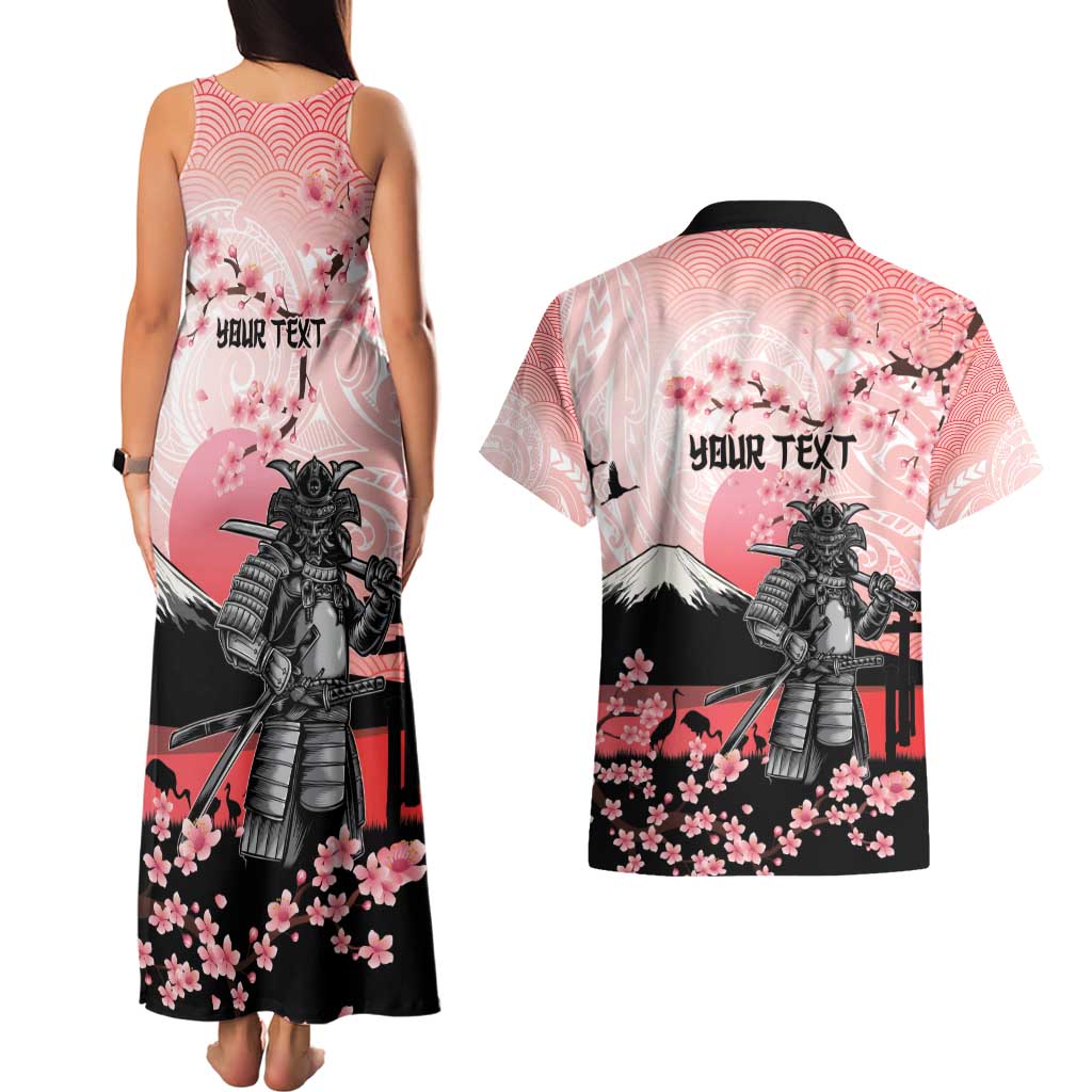 Personalised Japan Samurai Warrior Couples Matching Tank Maxi Dress and Hawaiian Shirt Japanese Cherry Blossom Polynesian Pattern - Wonder Print Shop