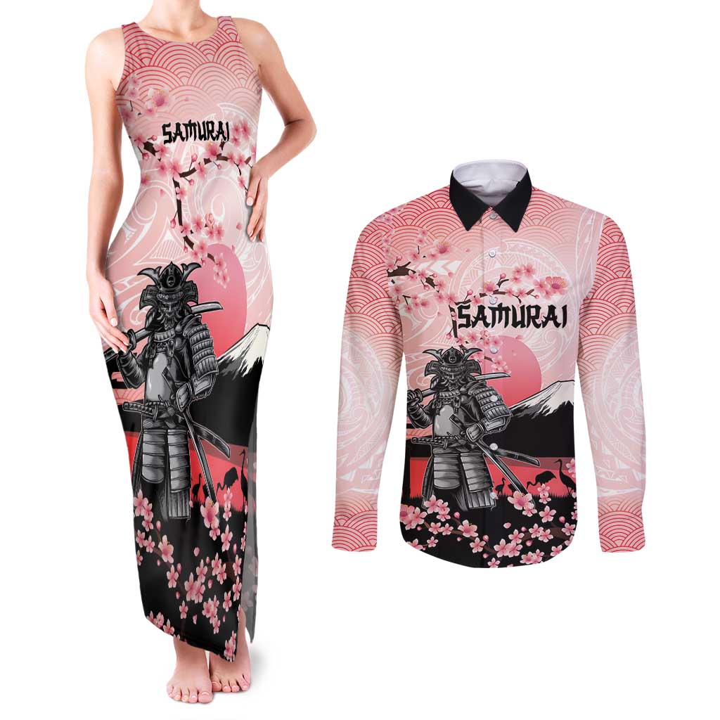 Personalised Japan Samurai Warrior Couples Matching Tank Maxi Dress and Long Sleeve Button Shirt Japanese Cherry Blossom Polynesian Pattern - Wonder Print Shop