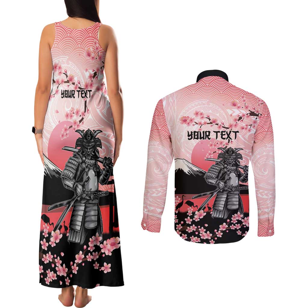 Personalised Japan Samurai Warrior Couples Matching Tank Maxi Dress and Long Sleeve Button Shirt Japanese Cherry Blossom Polynesian Pattern - Wonder Print Shop