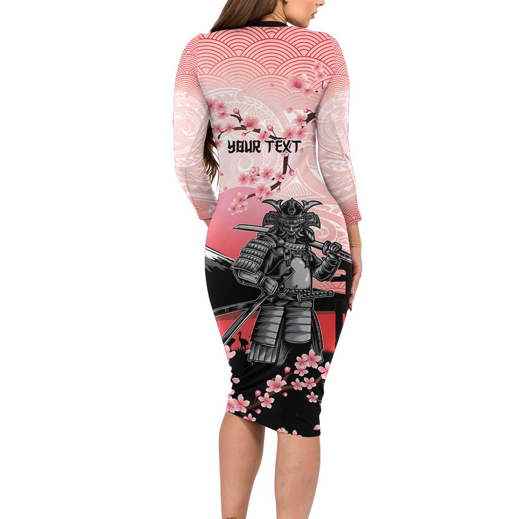 Personalised Japan Samurai Warrior Family Matching Long Sleeve Bodycon Dress and Hawaiian Shirt Japanese Cherry Blossom Polynesian Pattern - Wonder Print Shop