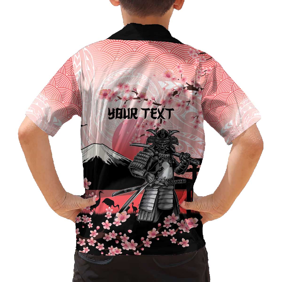 Personalised Japan Samurai Warrior Family Matching Off The Shoulder Long Sleeve Dress and Hawaiian Shirt Japanese Cherry Blossom Polynesian Pattern - Wonder Print Shop