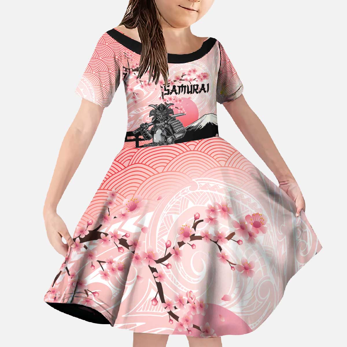 Personalised Japan Samurai Warrior Family Matching Off The Shoulder Long Sleeve Dress and Hawaiian Shirt Japanese Cherry Blossom Polynesian Pattern - Wonder Print Shop