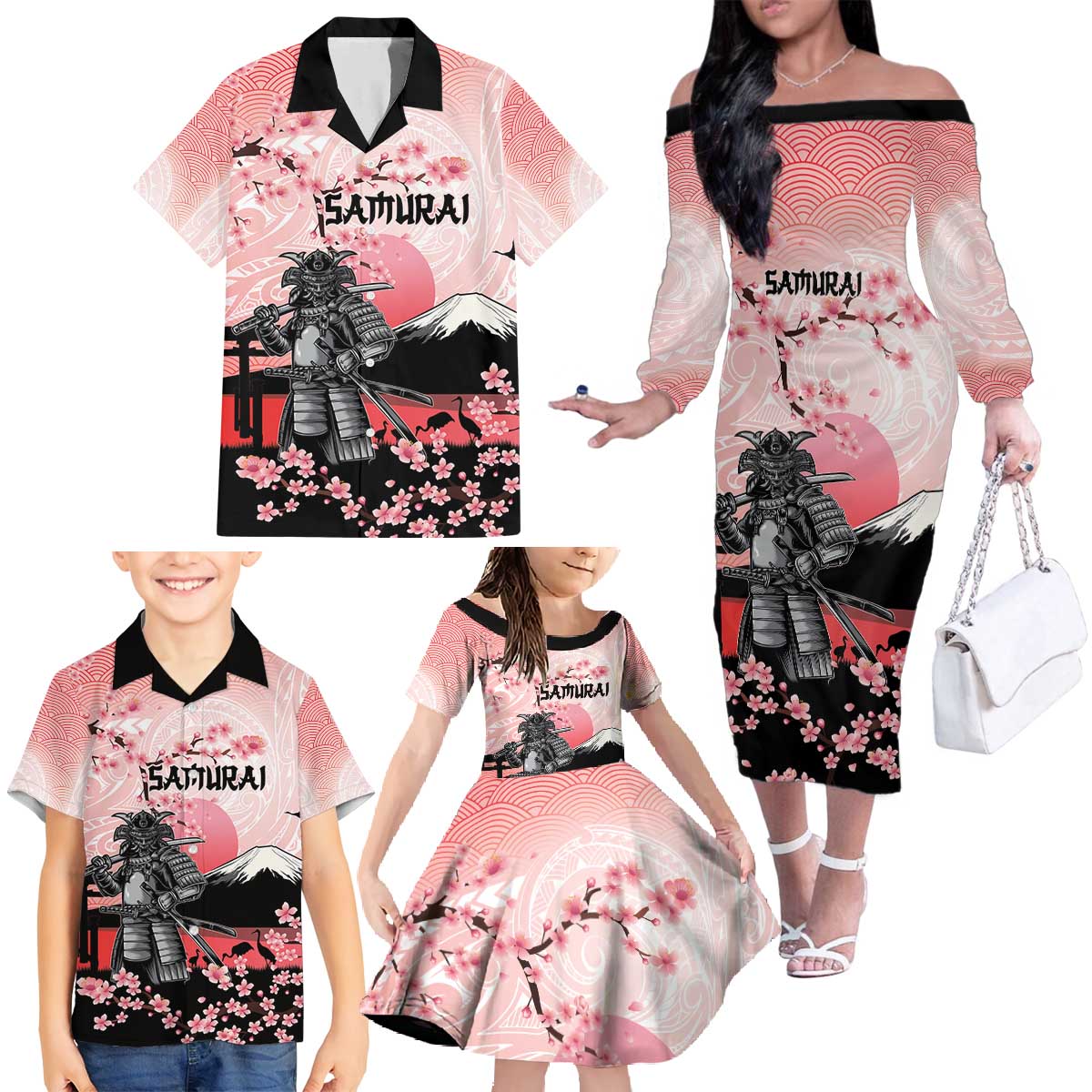 Personalised Japan Samurai Warrior Family Matching Off The Shoulder Long Sleeve Dress and Hawaiian Shirt Japanese Cherry Blossom Polynesian Pattern - Wonder Print Shop