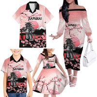 Personalised Japan Samurai Warrior Family Matching Off The Shoulder Long Sleeve Dress and Hawaiian Shirt Japanese Cherry Blossom Polynesian Pattern - Wonder Print Shop