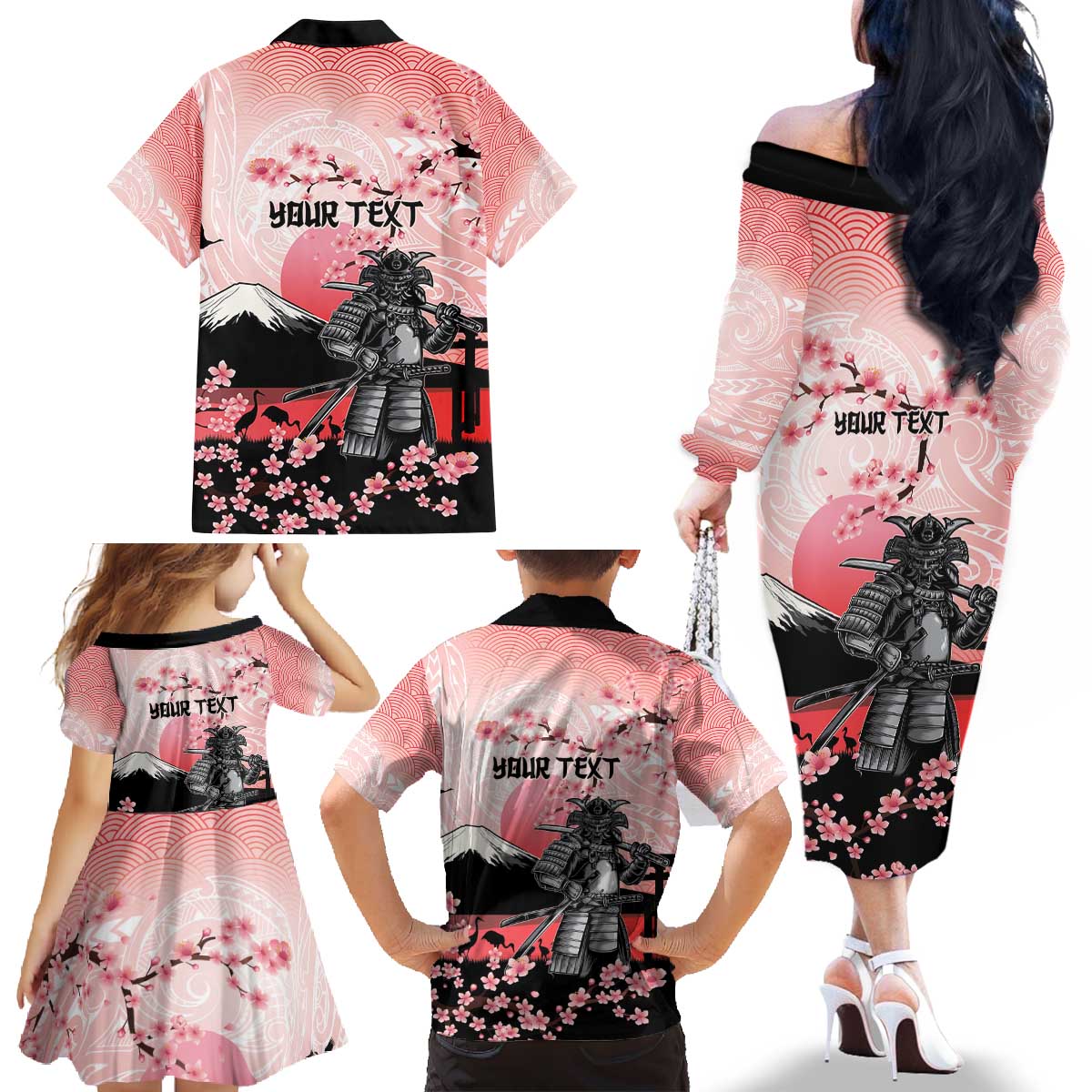 Personalised Japan Samurai Warrior Family Matching Off The Shoulder Long Sleeve Dress and Hawaiian Shirt Japanese Cherry Blossom Polynesian Pattern - Wonder Print Shop