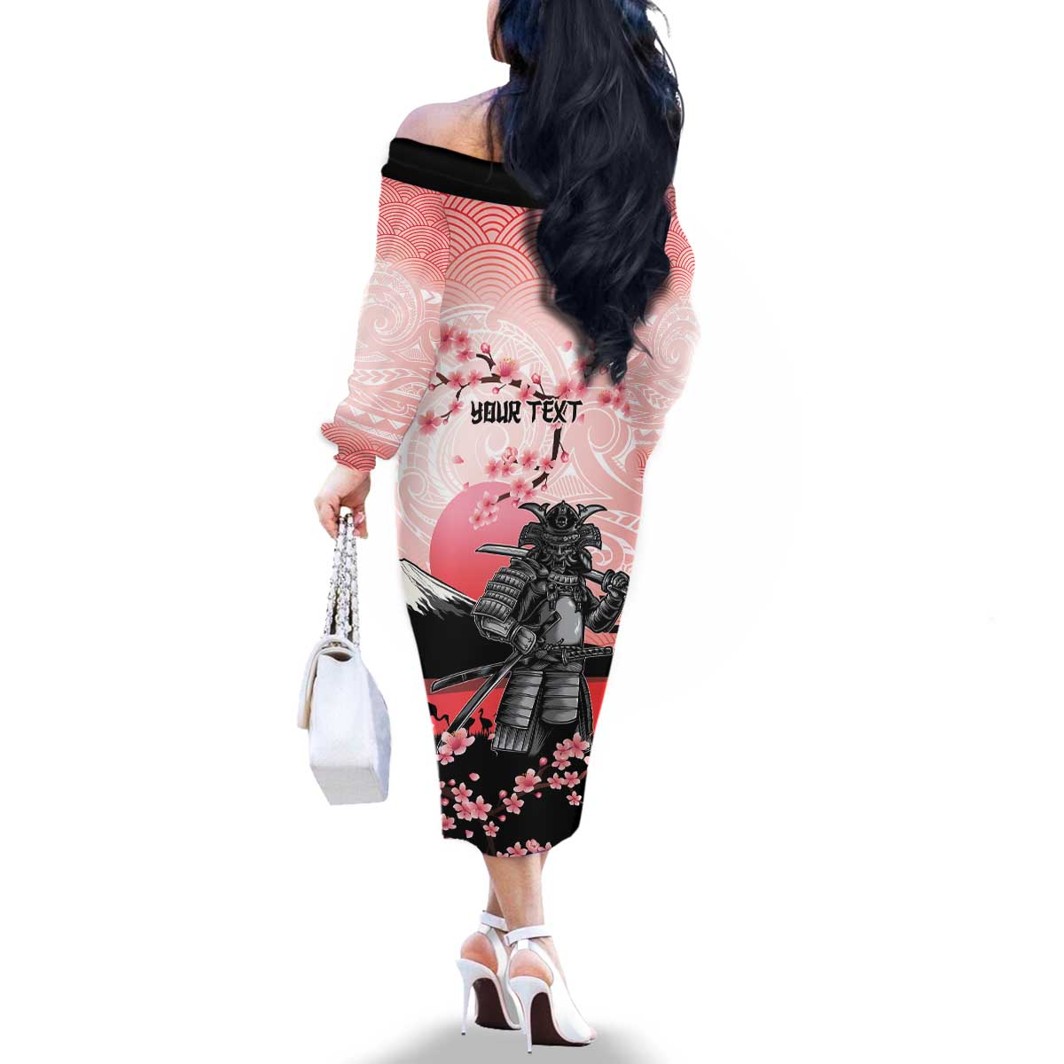 Personalised Japan Samurai Warrior Family Matching Off The Shoulder Long Sleeve Dress and Hawaiian Shirt Japanese Cherry Blossom Polynesian Pattern - Wonder Print Shop