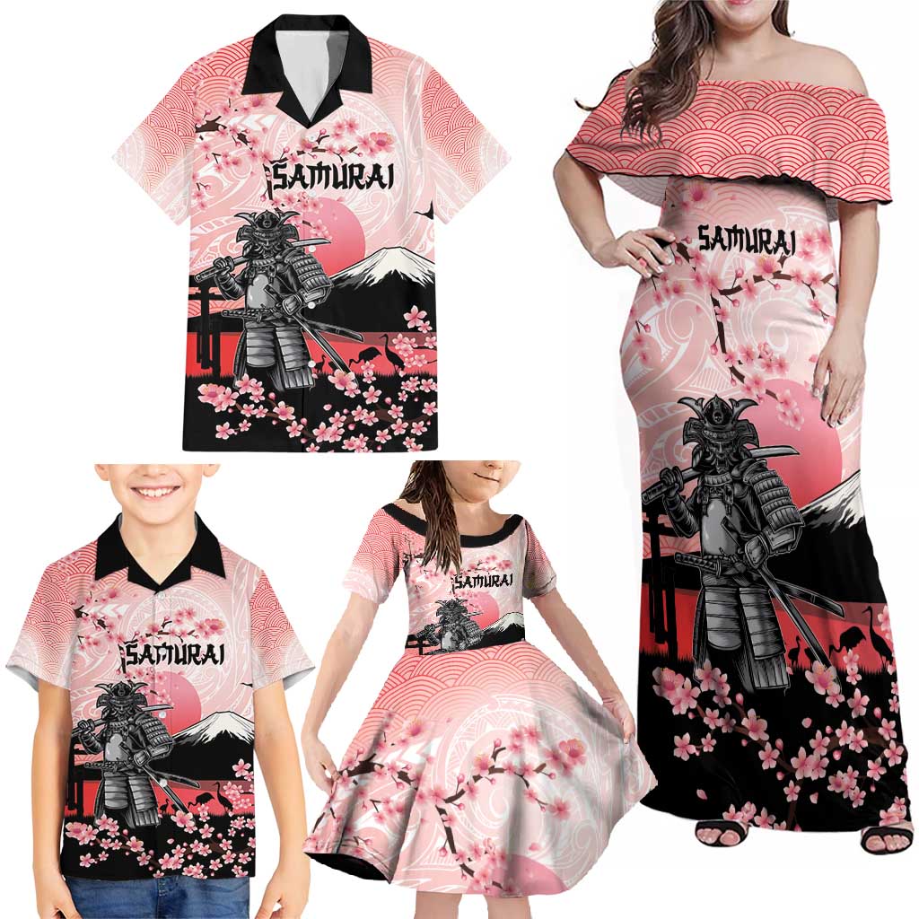 Personalised Japan Samurai Warrior Family Matching Off Shoulder Maxi Dress and Hawaiian Shirt Japanese Cherry Blossom Polynesian Pattern - Wonder Print Shop