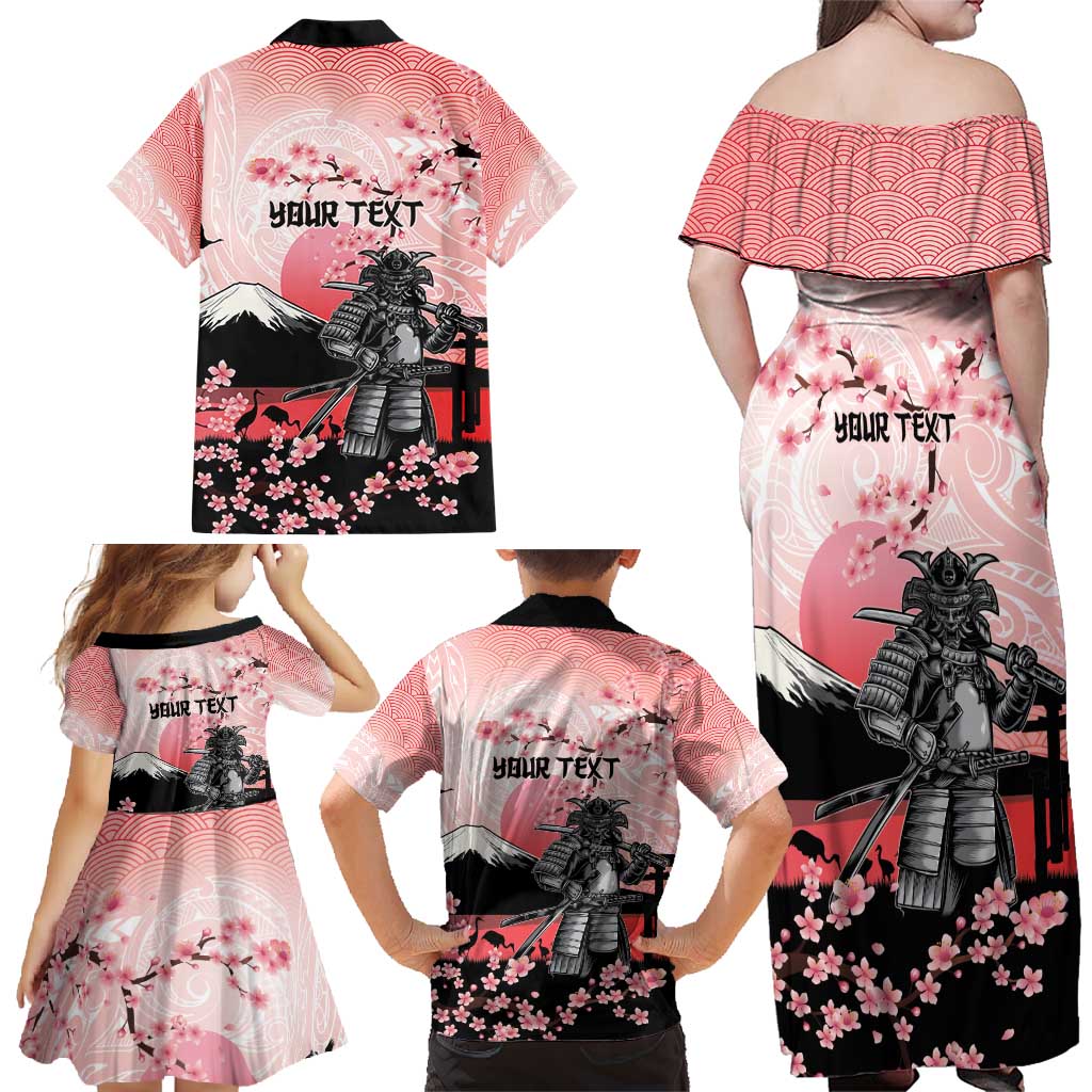 Personalised Japan Samurai Warrior Family Matching Off Shoulder Maxi Dress and Hawaiian Shirt Japanese Cherry Blossom Polynesian Pattern - Wonder Print Shop