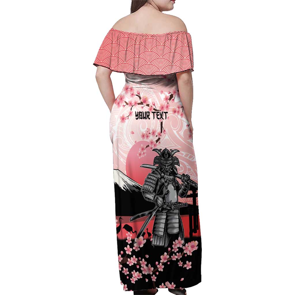 Personalised Japan Samurai Warrior Family Matching Off Shoulder Maxi Dress and Hawaiian Shirt Japanese Cherry Blossom Polynesian Pattern - Wonder Print Shop