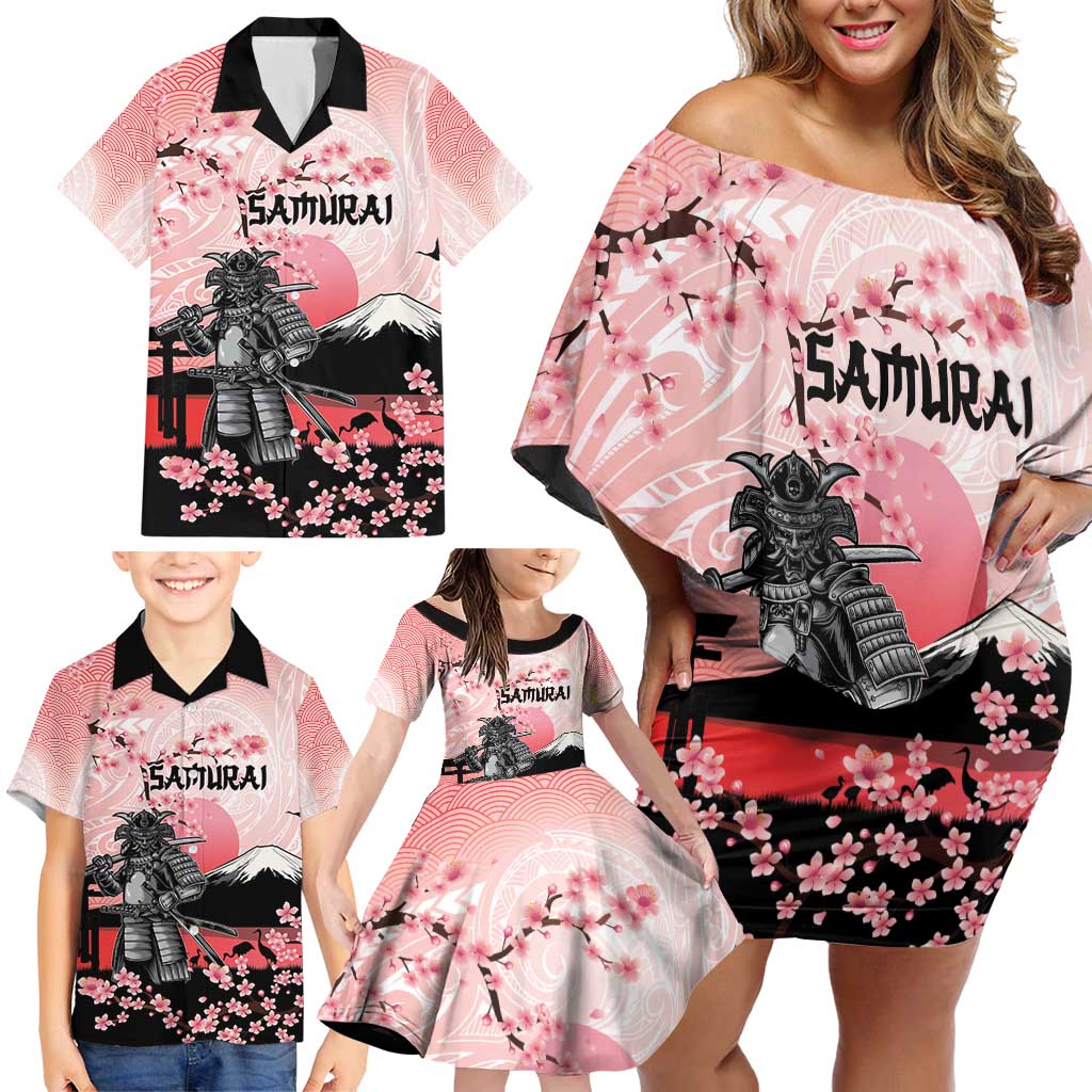 Personalised Japan Samurai Warrior Family Matching Off Shoulder Short Dress and Hawaiian Shirt Japanese Cherry Blossom Polynesian Pattern - Wonder Print Shop