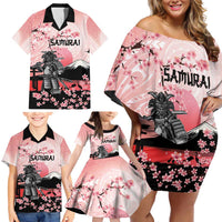 Personalised Japan Samurai Warrior Family Matching Off Shoulder Short Dress and Hawaiian Shirt Japanese Cherry Blossom Polynesian Pattern - Wonder Print Shop