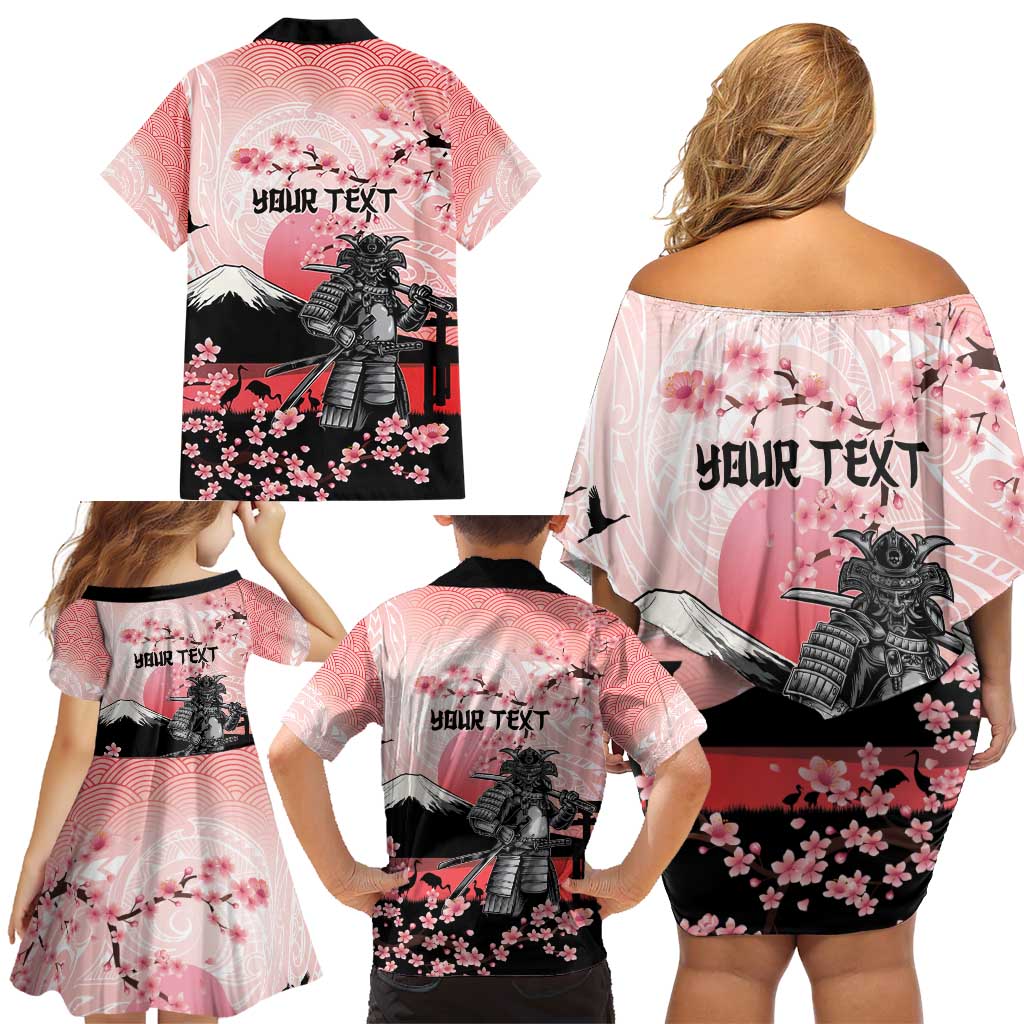 Personalised Japan Samurai Warrior Family Matching Off Shoulder Short Dress and Hawaiian Shirt Japanese Cherry Blossom Polynesian Pattern - Wonder Print Shop