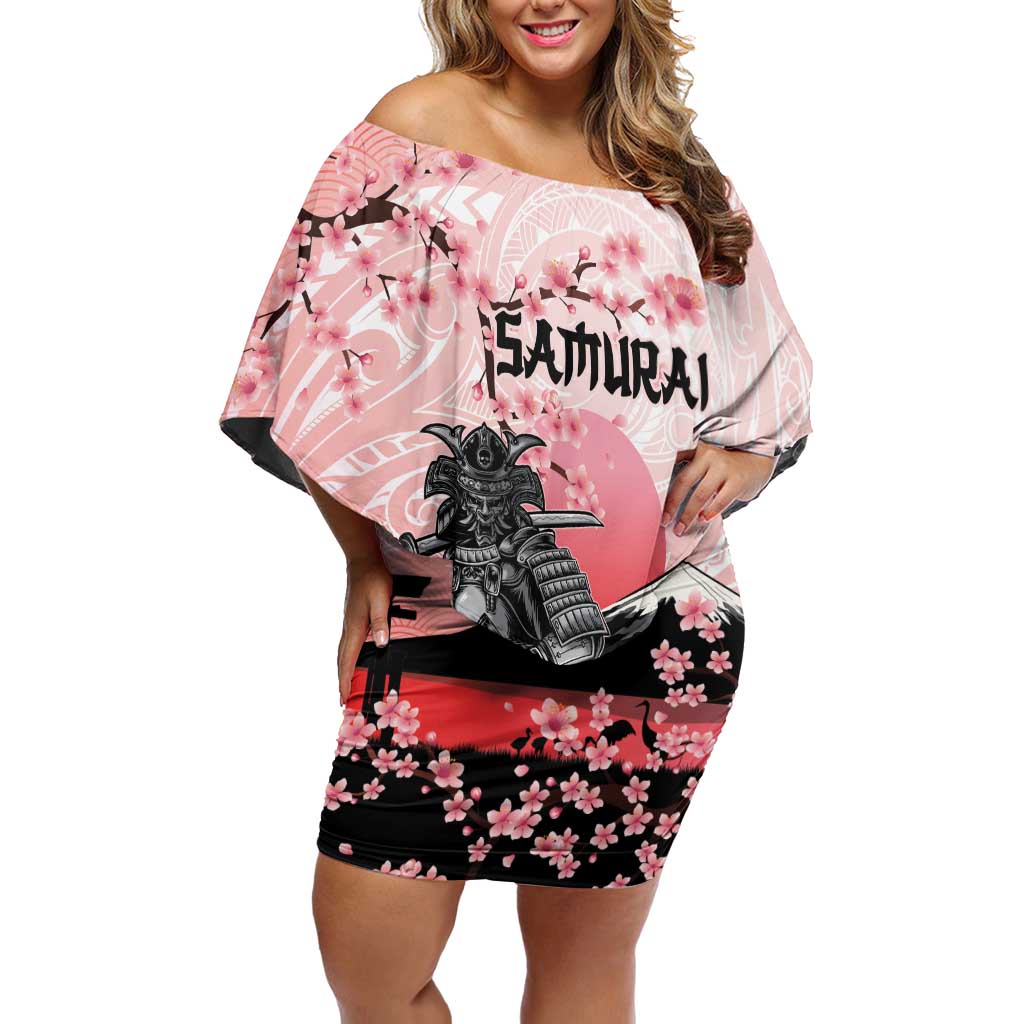 Personalised Japan Samurai Warrior Family Matching Off Shoulder Short Dress and Hawaiian Shirt Japanese Cherry Blossom Polynesian Pattern - Wonder Print Shop