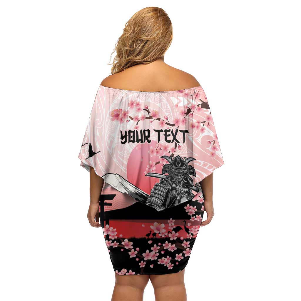 Personalised Japan Samurai Warrior Family Matching Off Shoulder Short Dress and Hawaiian Shirt Japanese Cherry Blossom Polynesian Pattern - Wonder Print Shop
