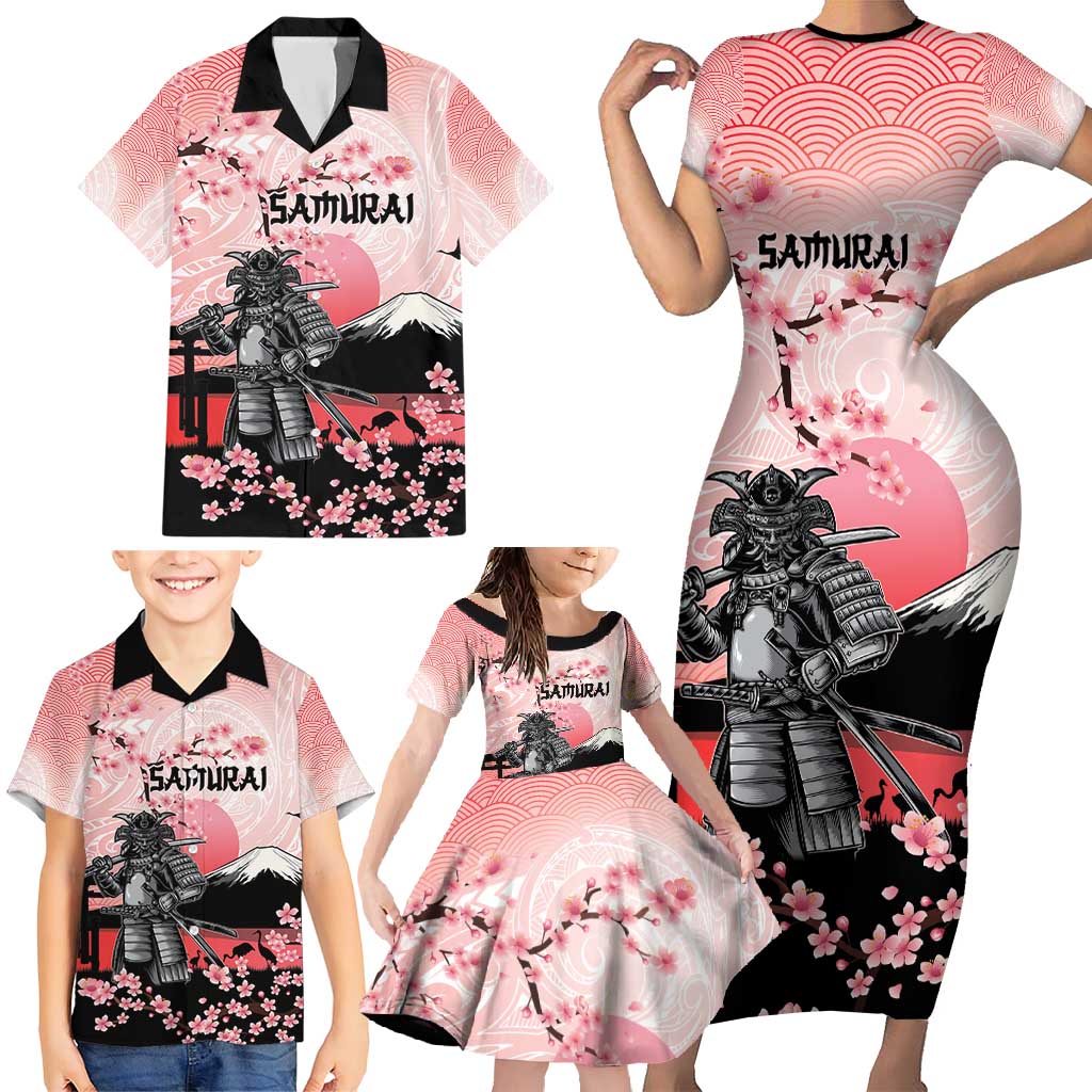 Personalised Japan Samurai Warrior Family Matching Short Sleeve Bodycon Dress and Hawaiian Shirt Japanese Cherry Blossom Polynesian Pattern - Wonder Print Shop