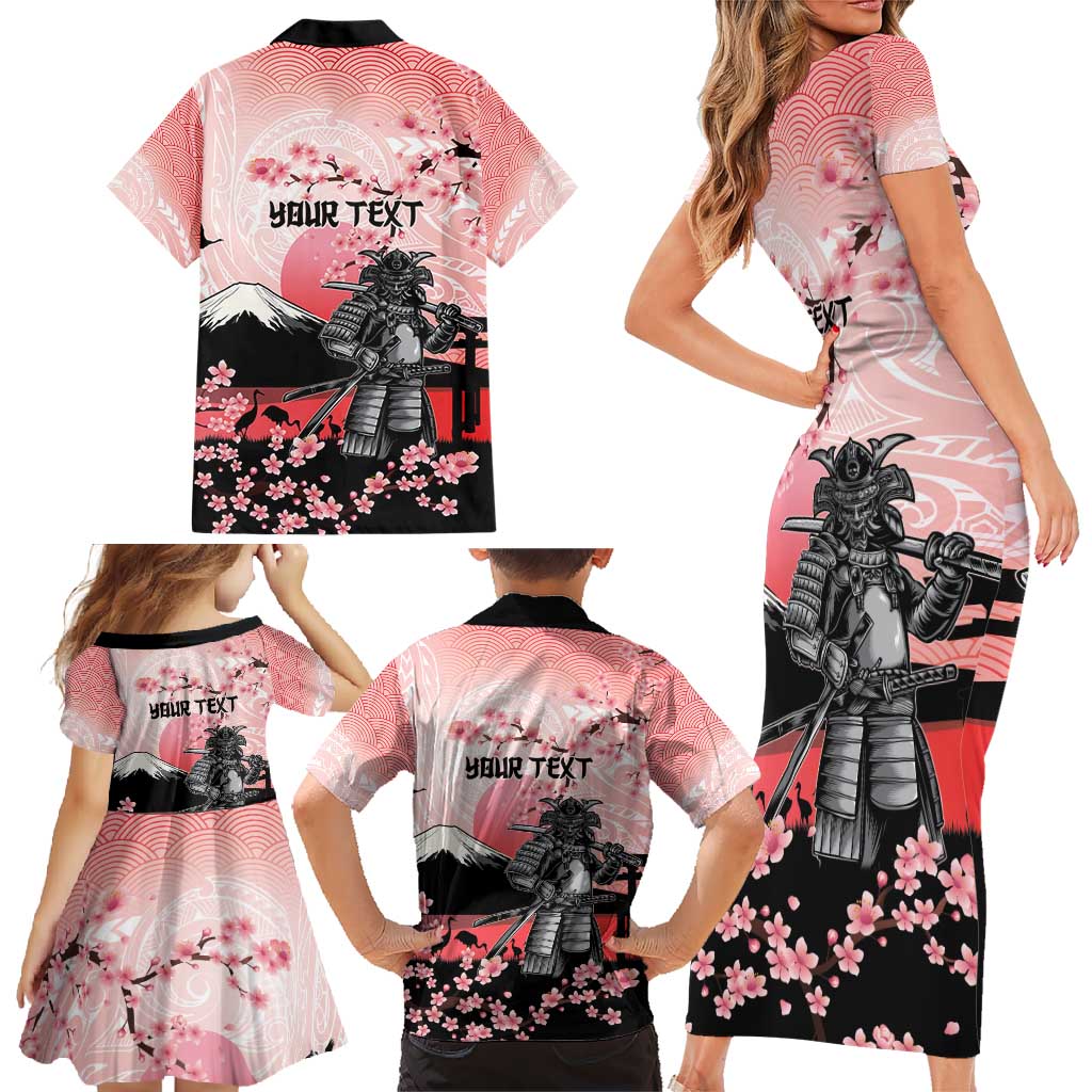 Personalised Japan Samurai Warrior Family Matching Short Sleeve Bodycon Dress and Hawaiian Shirt Japanese Cherry Blossom Polynesian Pattern - Wonder Print Shop