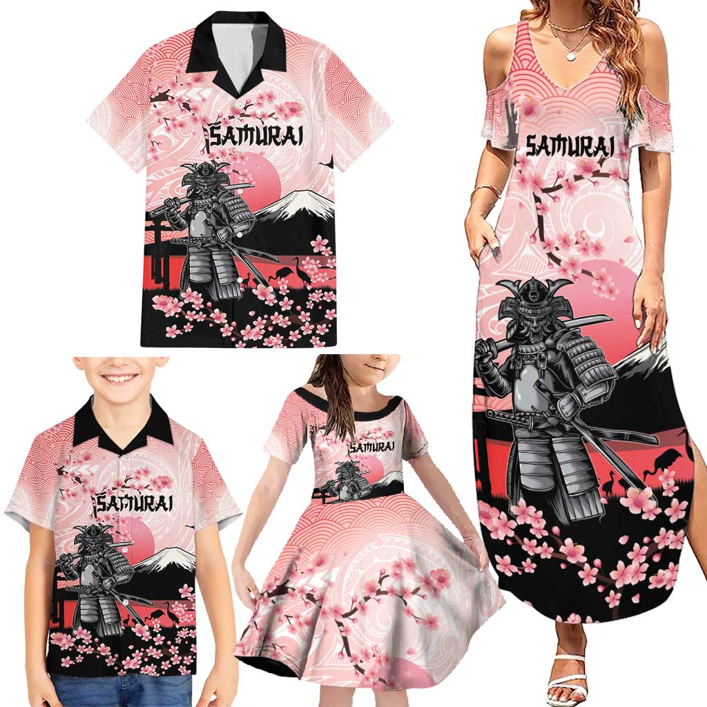 Personalised Japan Samurai Warrior Family Matching Summer Maxi Dress and Hawaiian Shirt Japanese Cherry Blossom Polynesian Pattern - Wonder Print Shop