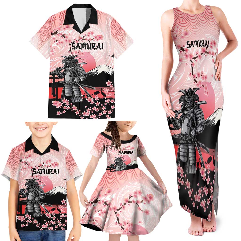 Personalised Japan Samurai Warrior Family Matching Tank Maxi Dress and Hawaiian Shirt Japanese Cherry Blossom Polynesian Pattern - Wonder Print Shop