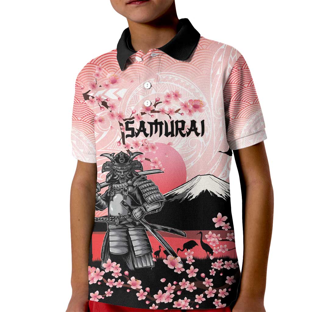 Personalised Japan Samurai Warrior Kid Polo Shirt Japanese Cherry Blossom Polynesian Pattern - Wonder Print Shop