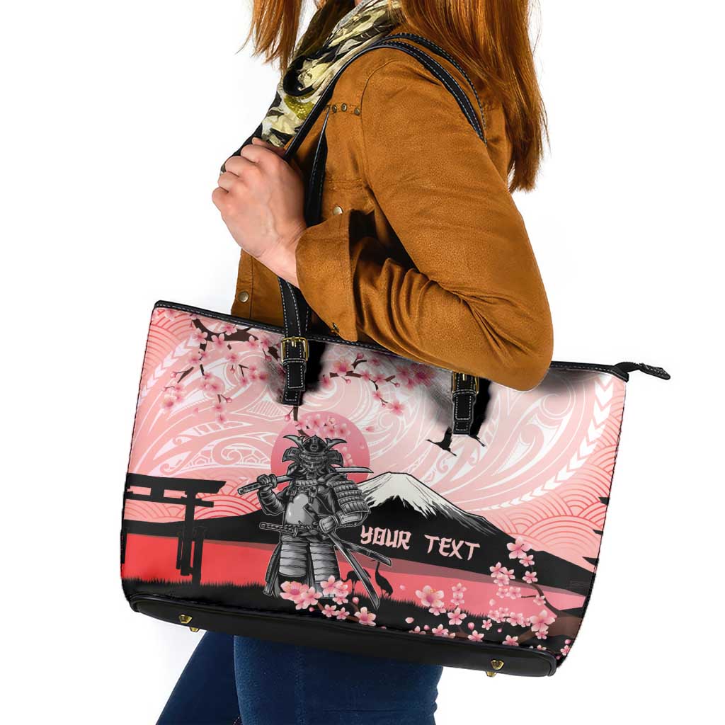 Personalised Japan Samurai Warrior Leather Tote Bag Japanese Cherry Blossom Polynesian Pattern - Wonder Print Shop