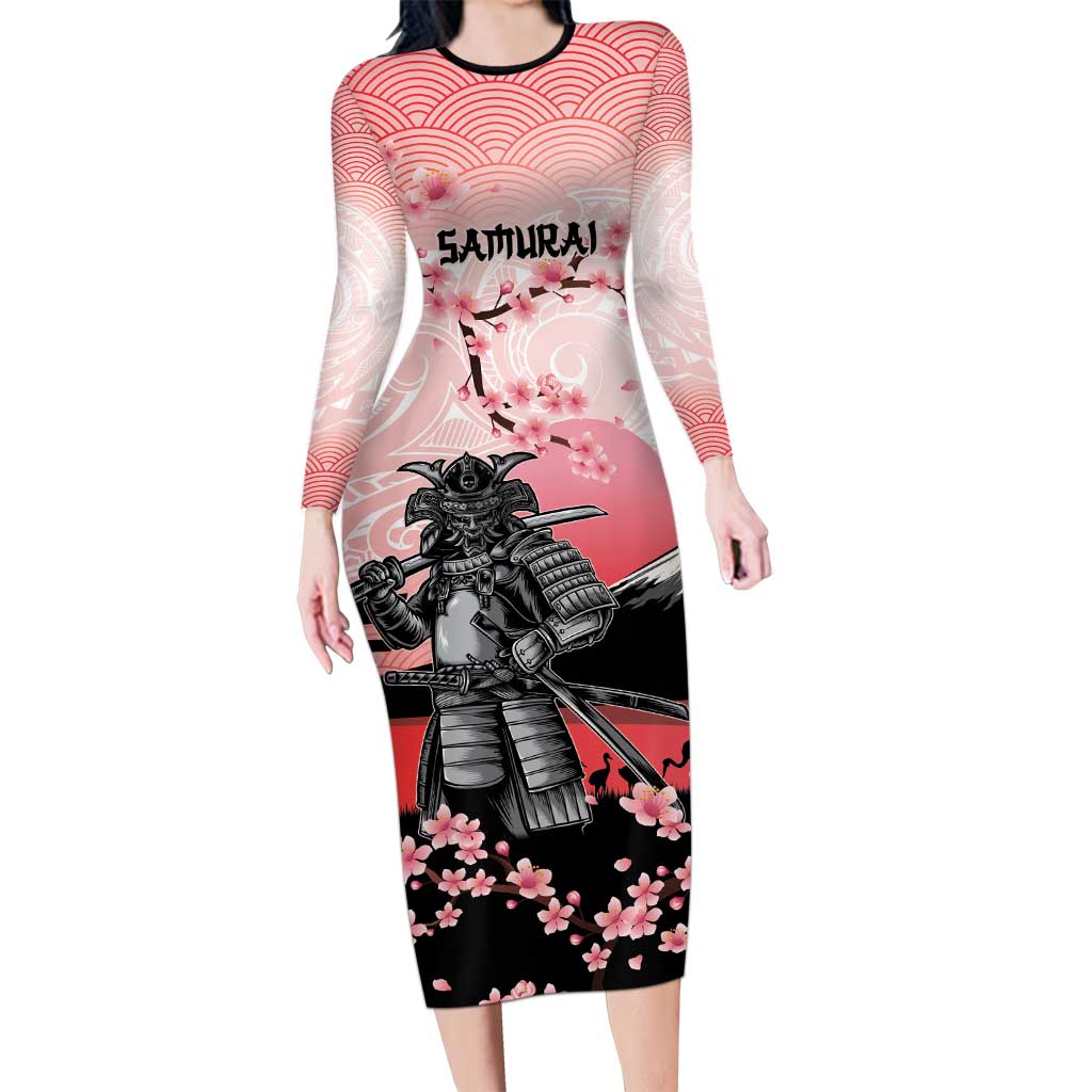 Personalised Japan Samurai Warrior Long Sleeve Bodycon Dress Japanese Cherry Blossom Polynesian Pattern - Wonder Print Shop