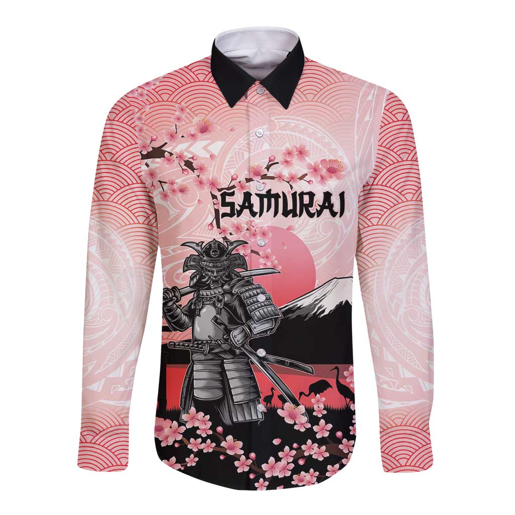 Personalised Japan Samurai Warrior Long Sleeve Button Shirt Japanese Cherry Blossom Polynesian Pattern - Wonder Print Shop