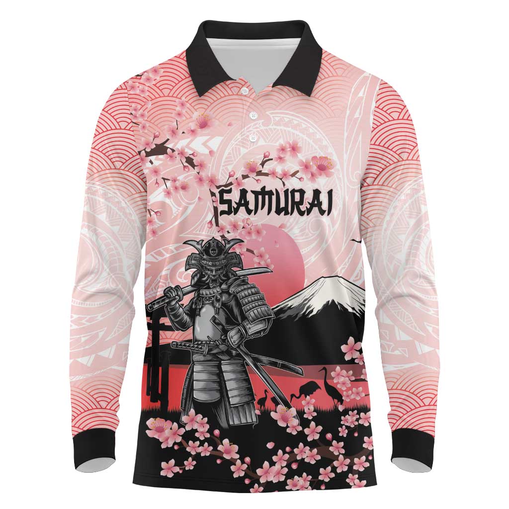 Personalised Japan Samurai Warrior Long Sleeve Polo Shirt Japanese Cherry Blossom Polynesian Pattern - Wonder Print Shop