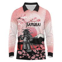 Personalised Japan Samurai Warrior Long Sleeve Polo Shirt Japanese Cherry Blossom Polynesian Pattern - Wonder Print Shop