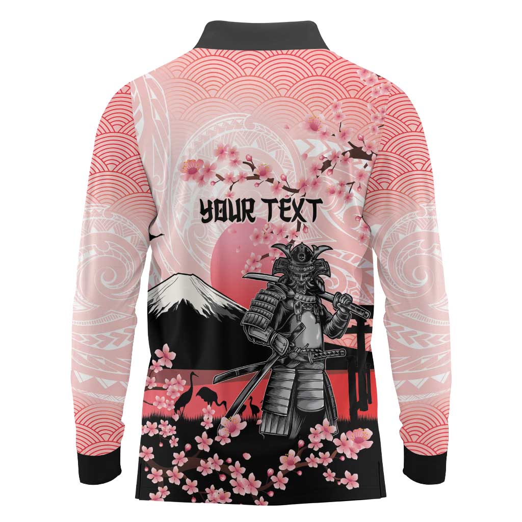 Personalised Japan Samurai Warrior Long Sleeve Polo Shirt Japanese Cherry Blossom Polynesian Pattern - Wonder Print Shop
