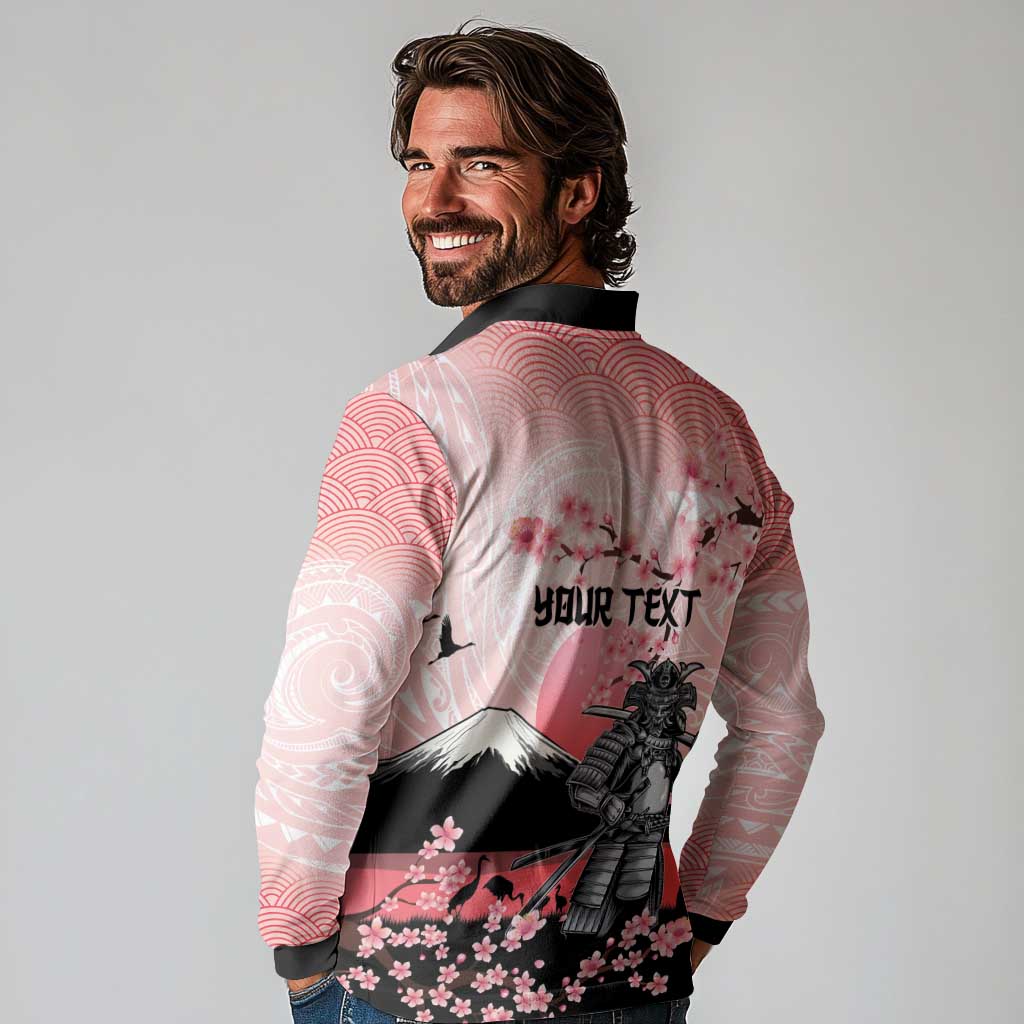 Personalised Japan Samurai Warrior Long Sleeve Polo Shirt Japanese Cherry Blossom Polynesian Pattern - Wonder Print Shop