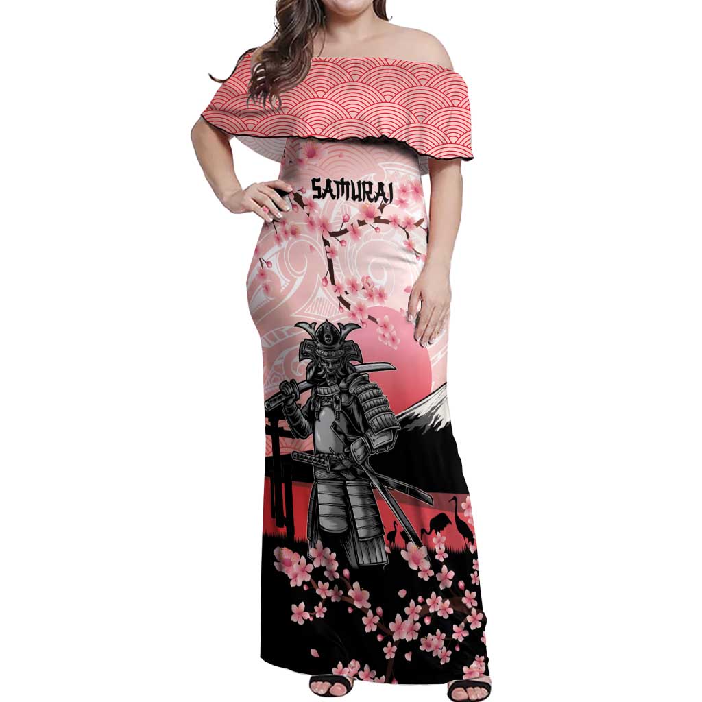 Personalised Japan Samurai Warrior Off Shoulder Maxi Dress Japanese Cherry Blossom Polynesian Pattern - Wonder Print Shop