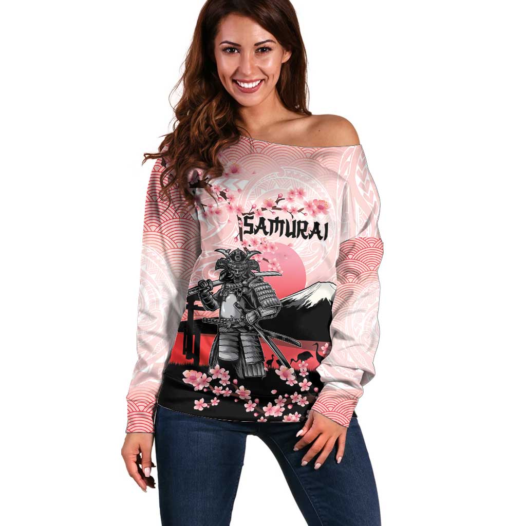 Personalised Japan Samurai Warrior Off Shoulder Sweater Japanese Cherry Blossom Polynesian Pattern - Wonder Print Shop