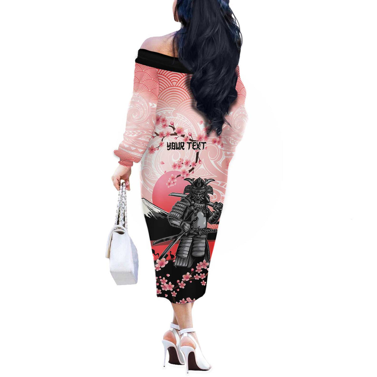 Personalised Japan Samurai Warrior Off The Shoulder Long Sleeve Dress Japanese Cherry Blossom Polynesian Pattern - Wonder Print Shop