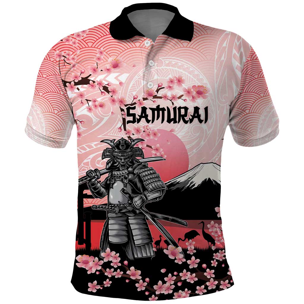 Personalised Japan Samurai Warrior Polo Shirt Japanese Cherry Blossom Polynesian Pattern - Wonder Print Shop