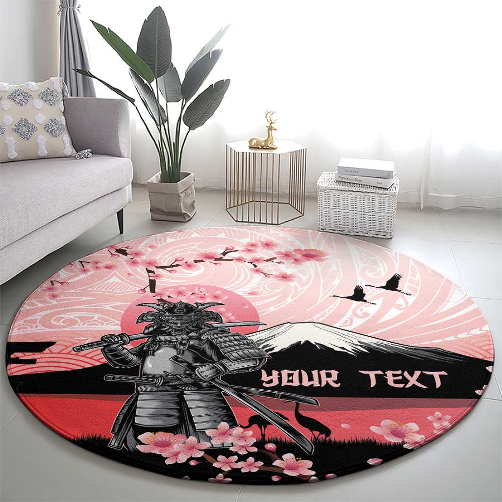 Personalised Japan Samurai Warrior Round Carpet Japanese Cherry Blossom Polynesian Pattern - Wonder Print Shop