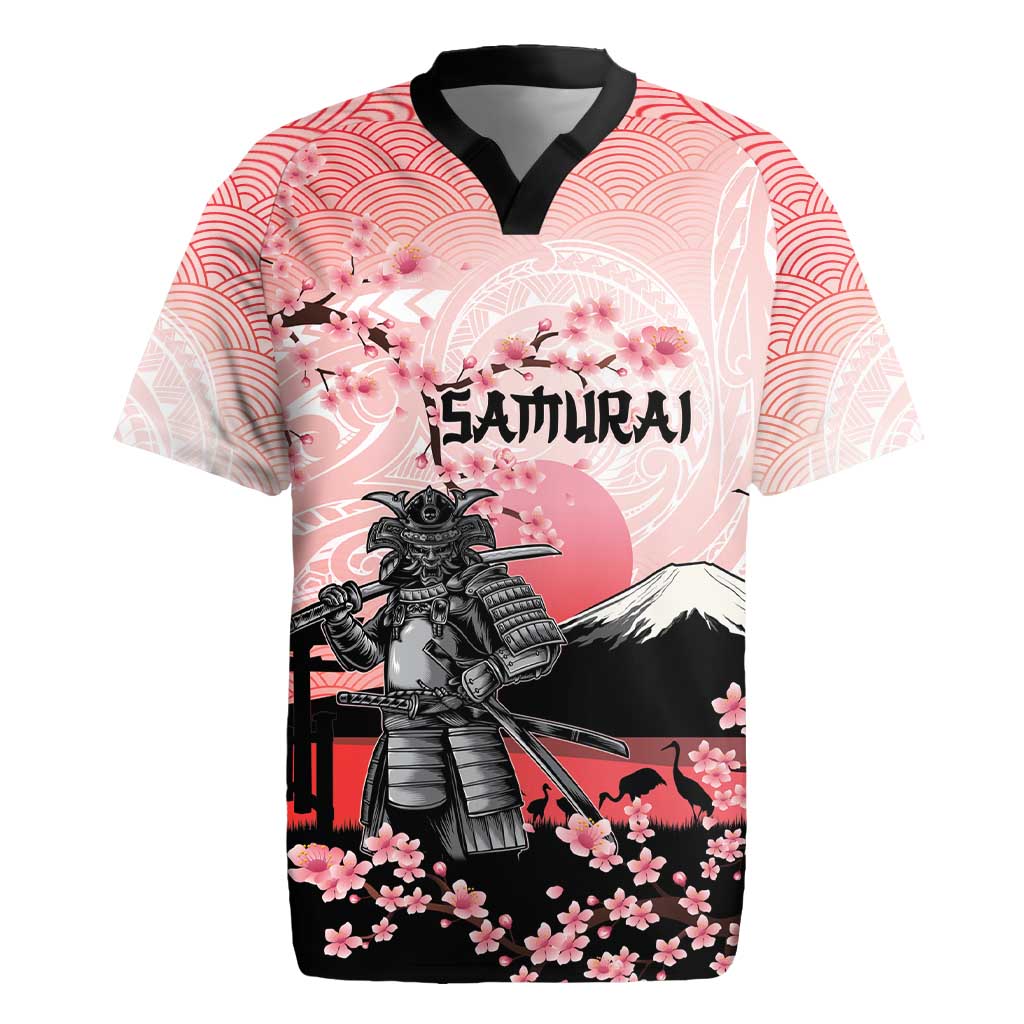 Personalised Japan Samurai Warrior Rugby Jersey Japanese Cherry Blossom Polynesian Pattern - Wonder Print Shop