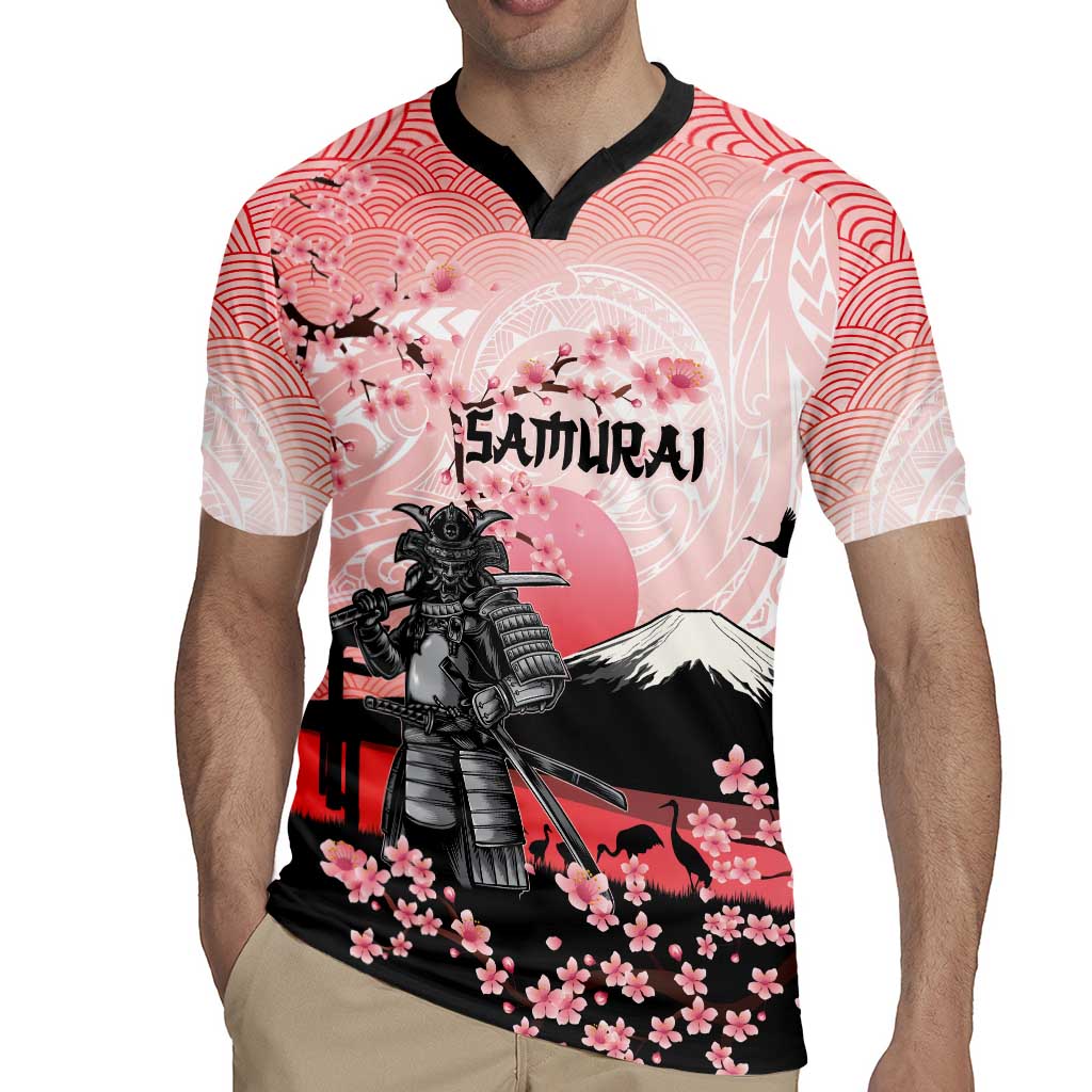 Personalised Japan Samurai Warrior Rugby Jersey Japanese Cherry Blossom Polynesian Pattern - Wonder Print Shop