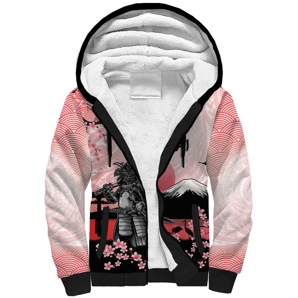 Personalised Japan Samurai Warrior Sherpa Hoodie Japanese Cherry Blossom Polynesian Pattern - Wonder Print Shop