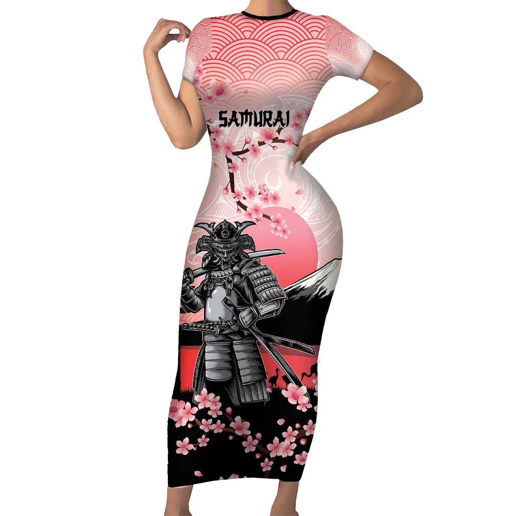 Personalised Japan Samurai Warrior Short Sleeve Bodycon Dress Japanese Cherry Blossom Polynesian Pattern - Wonder Print Shop