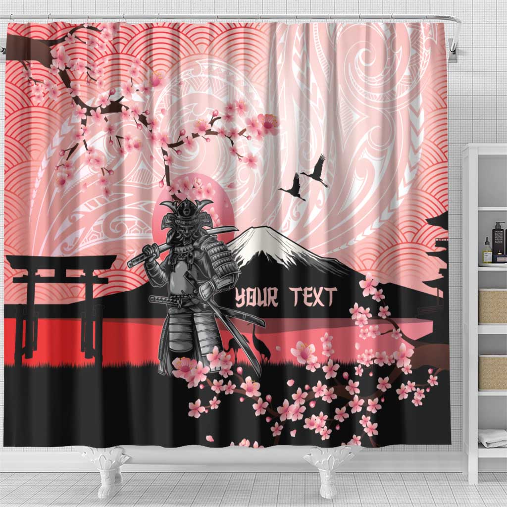 Personalised Japan Samurai Warrior Shower Curtain Japanese Cherry Blossom Polynesian Pattern - Wonder Print Shop