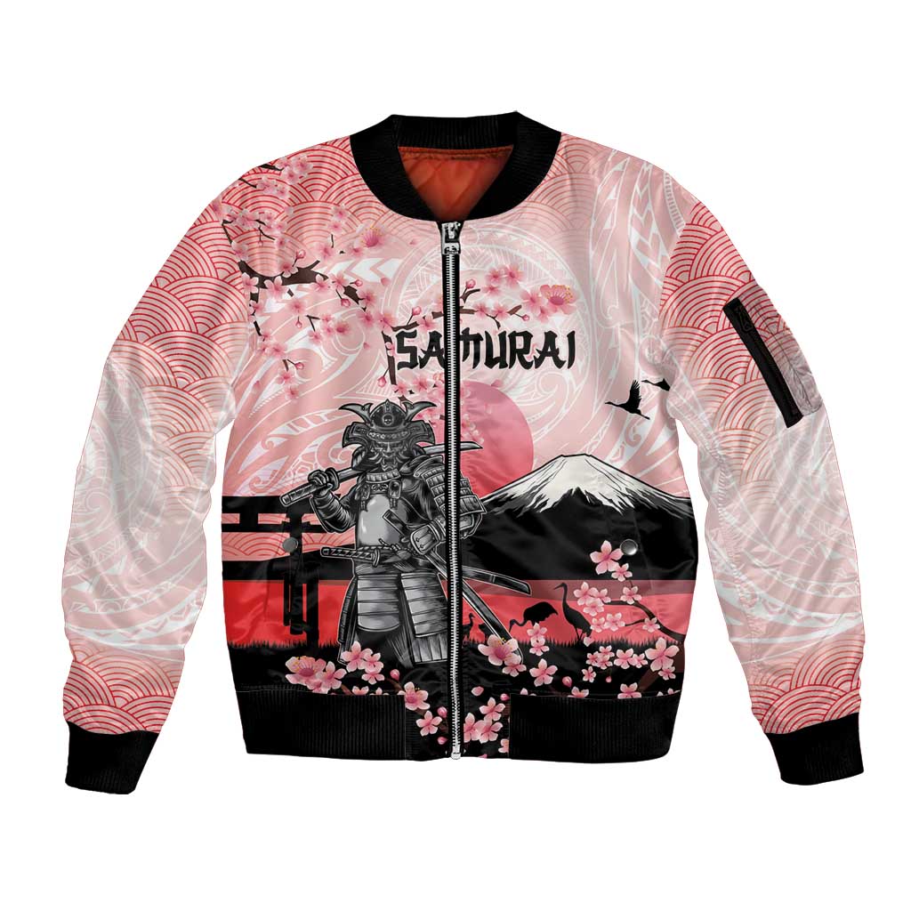 Personalised Japan Samurai Warrior Sleeve Zip Bomber Jacket Japanese Cherry Blossom Polynesian Pattern - Wonder Print Shop