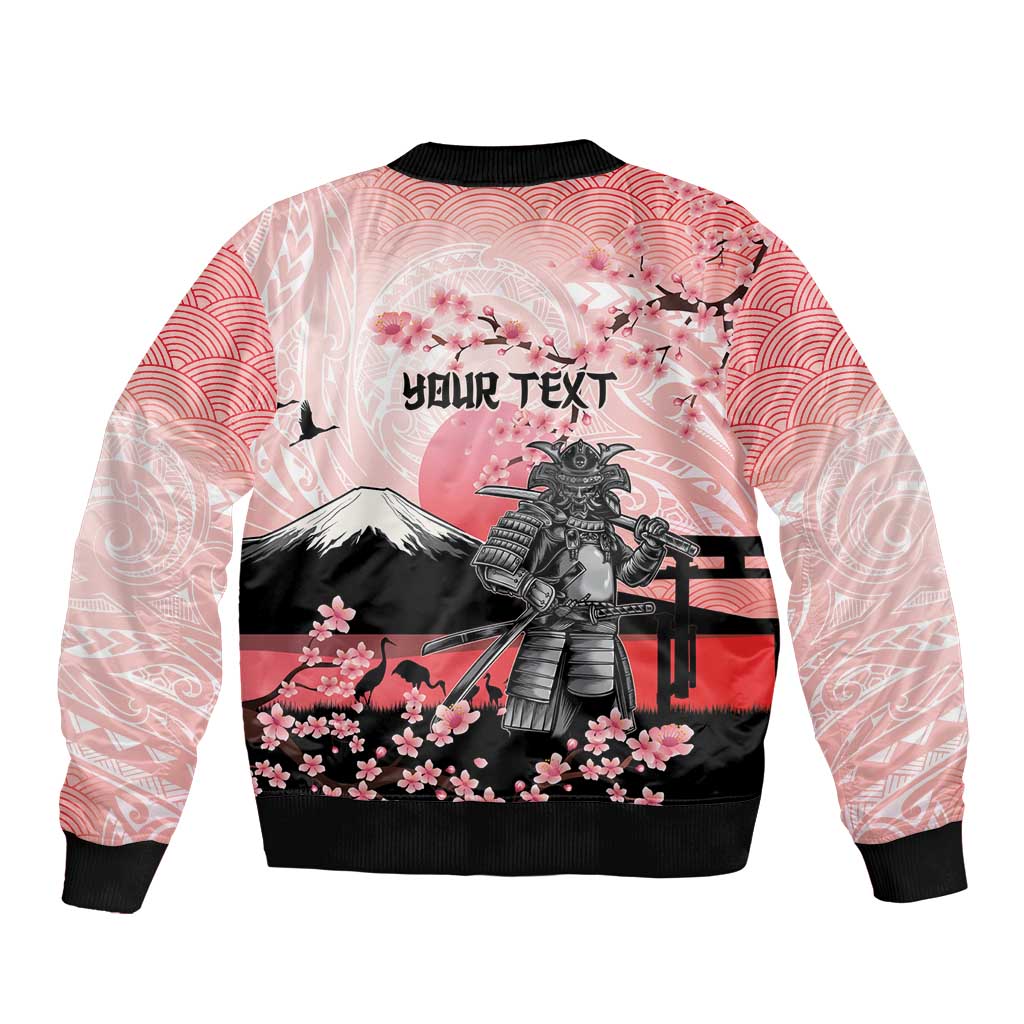 Personalised Japan Samurai Warrior Sleeve Zip Bomber Jacket Japanese Cherry Blossom Polynesian Pattern - Wonder Print Shop