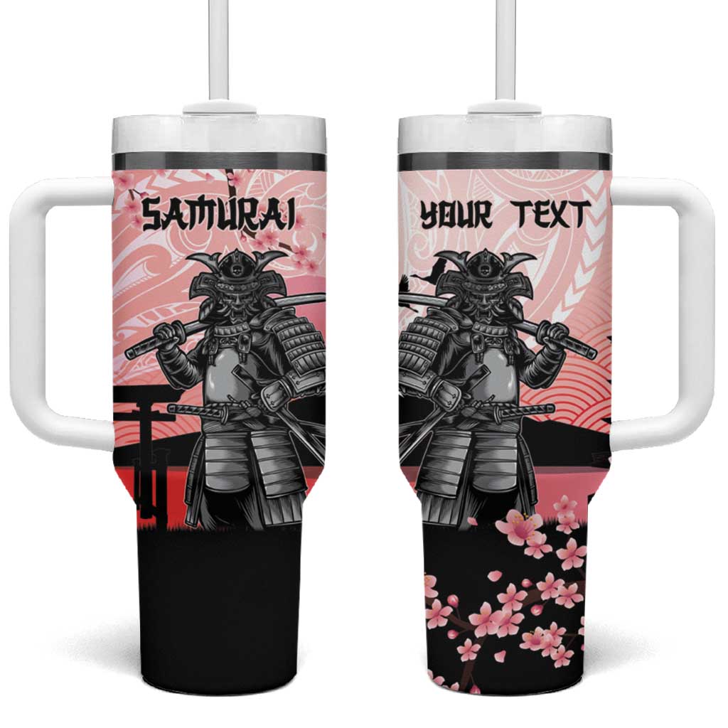 Personalised Japan Samurai Warrior Tumbler With Handle Japanese Cherry Blossom Polynesian Pattern - Wonder Print Shop