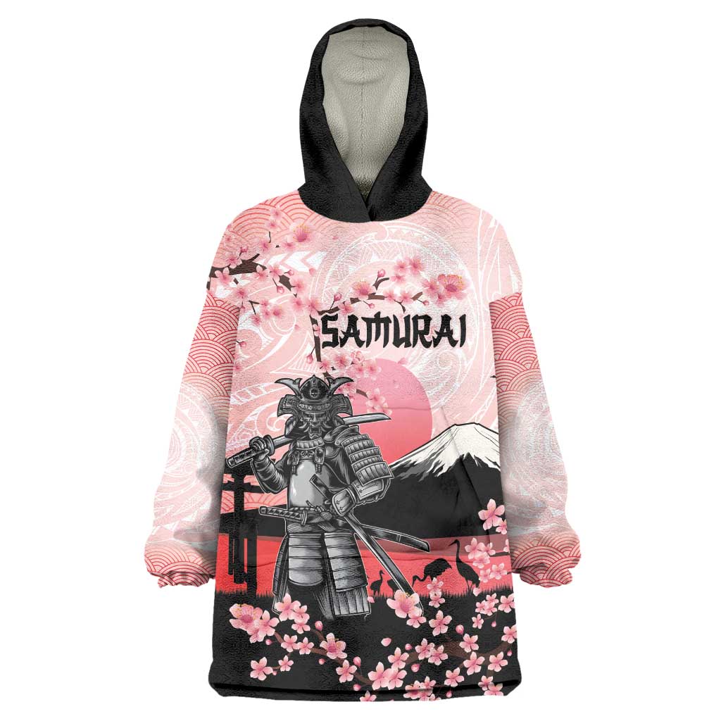 Personalised Japan Samurai Warrior Wearable Blanket Hoodie Japanese Cherry Blossom Polynesian Pattern - Wonder Print Shop