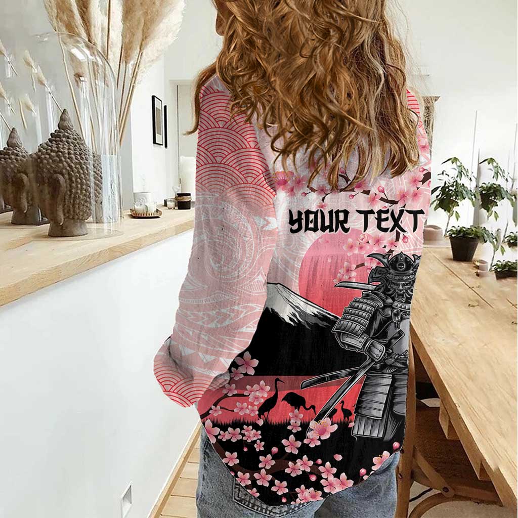 Personalised Japan Samurai Warrior Women Casual Shirt Japanese Cherry Blossom Polynesian Pattern - Wonder Print Shop