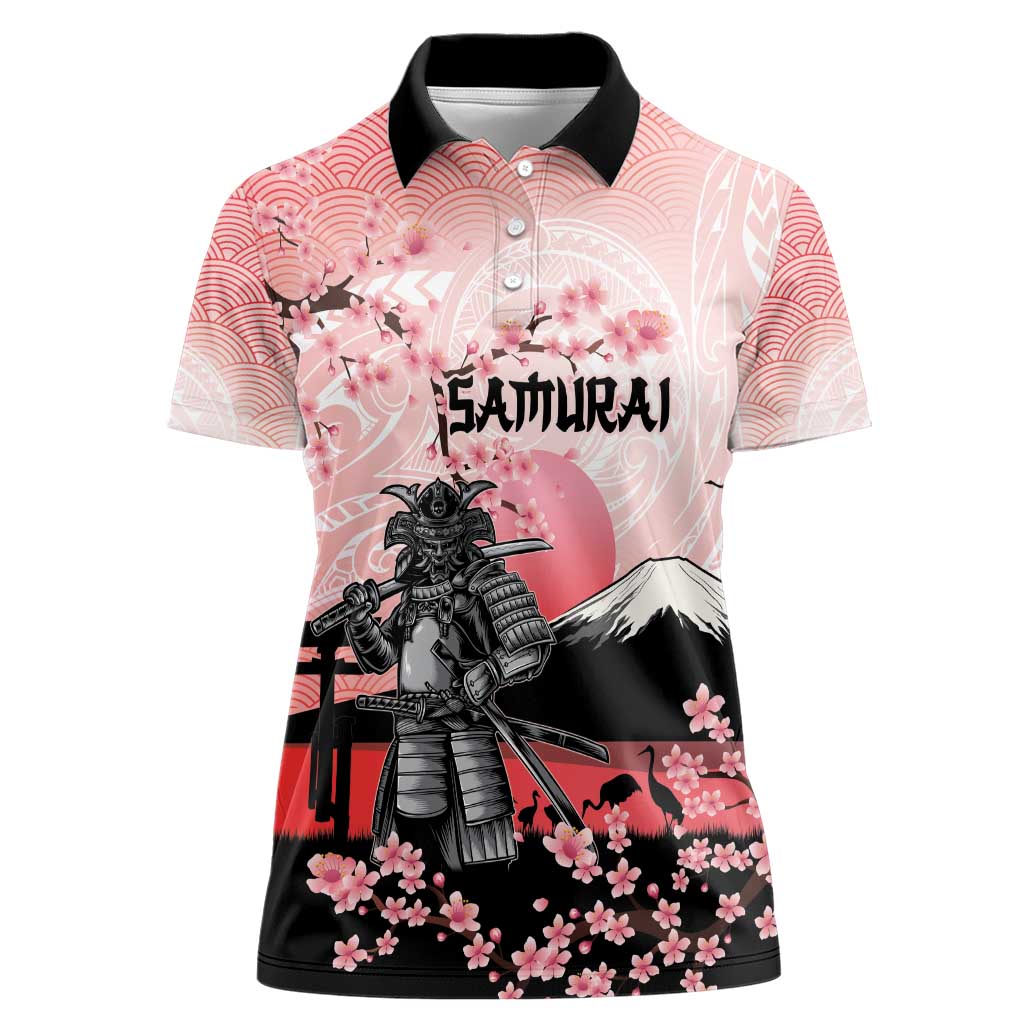 Personalised Japan Samurai Warrior Women Polo Shirt Japanese Cherry Blossom Polynesian Pattern - Wonder Print Shop