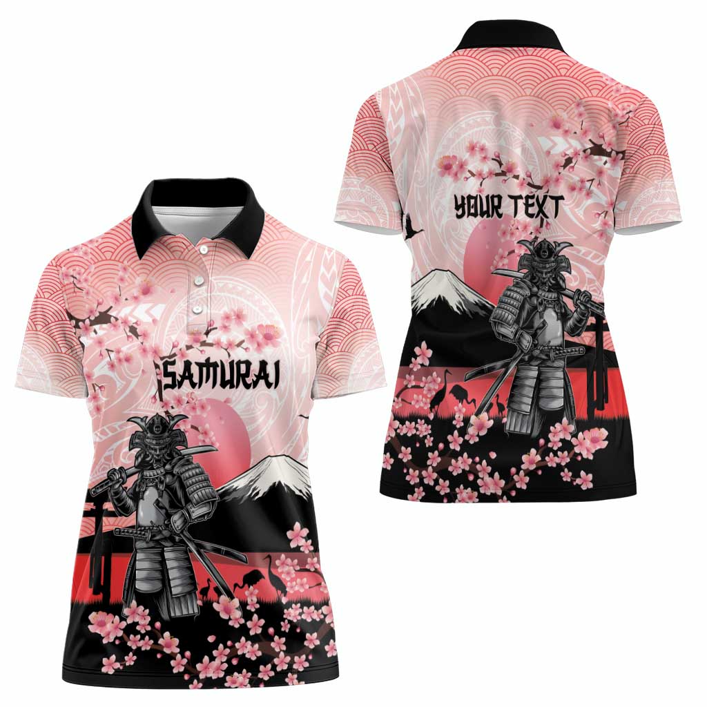 Personalised Japan Samurai Warrior Women Polo Shirt Japanese Cherry Blossom Polynesian Pattern - Wonder Print Shop
