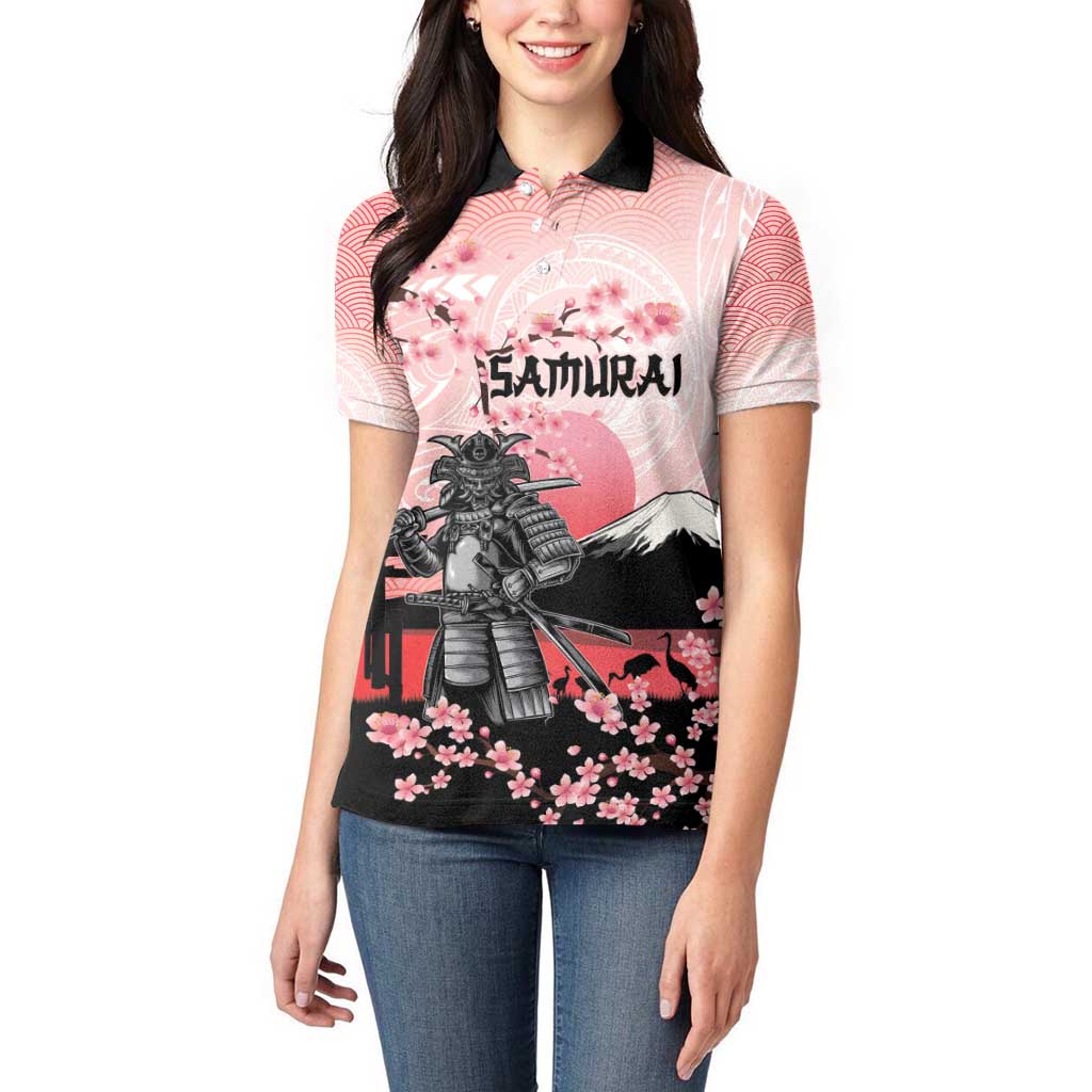 Personalised Japan Samurai Warrior Women Polo Shirt Japanese Cherry Blossom Polynesian Pattern - Wonder Print Shop