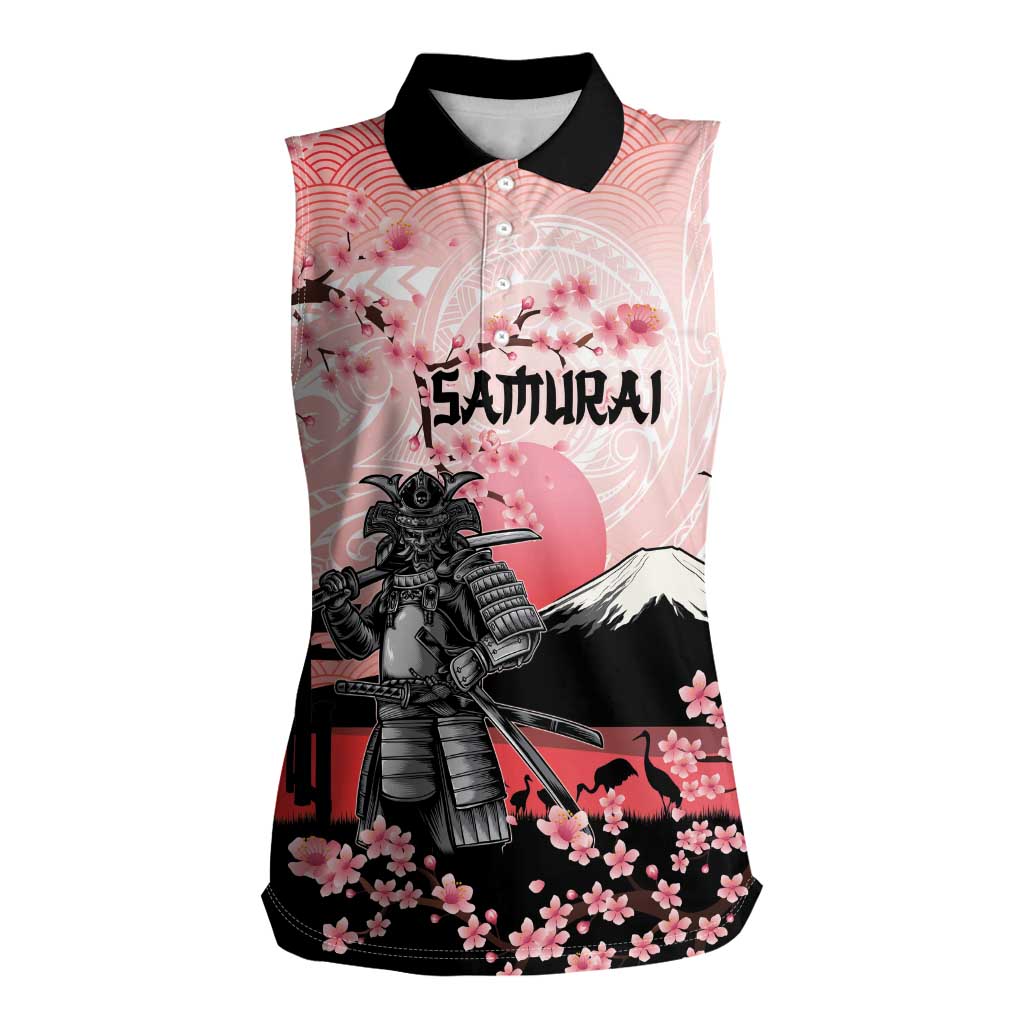 Personalised Japan Samurai Warrior Women Sleeveless Polo Shirt Japanese Cherry Blossom Polynesian Pattern - Wonder Print Shop