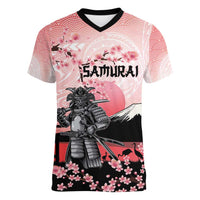 Personalised Japan Samurai Warrior Women V-Neck T-Shirt Japanese Cherry Blossom Polynesian Pattern - Wonder Print Shop